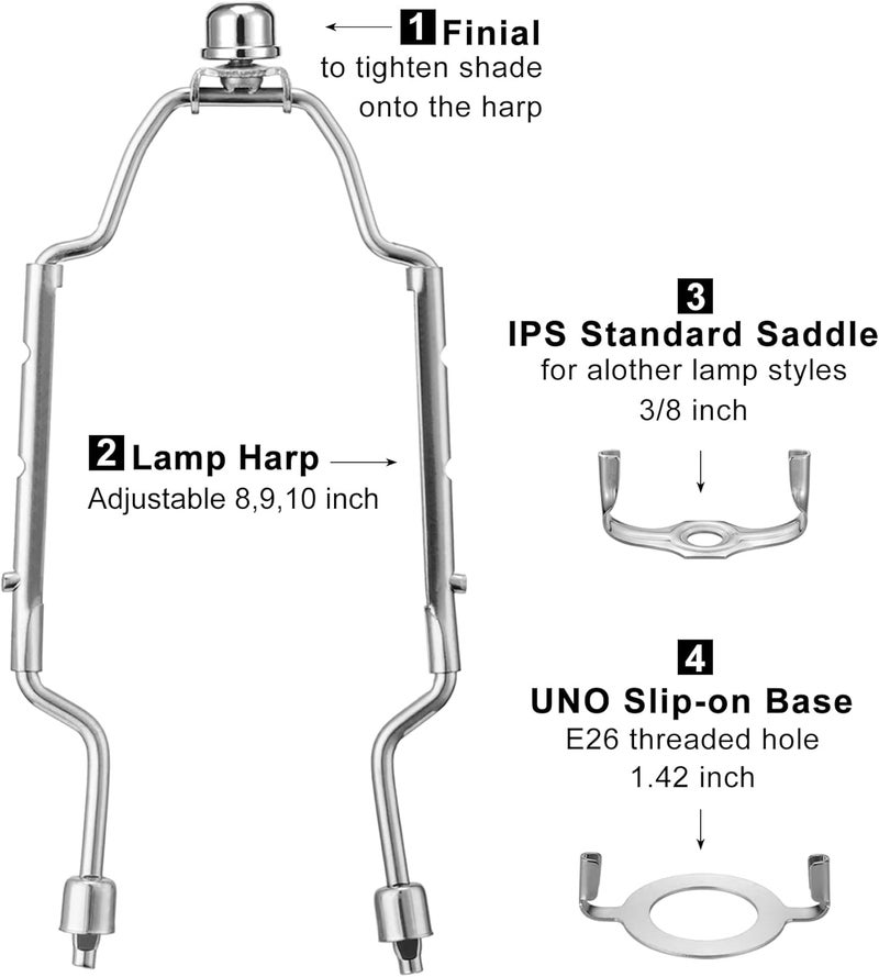 Qc 8 9 10 inch Lamp Shade Holder Kit [Adjustable] for Table and Floor Lamps, Heavy Duty Lamp Parts with 3/8 Standard Saddle, UNO Fitter Adapter and Lamp Finial (Silver) - Image 3